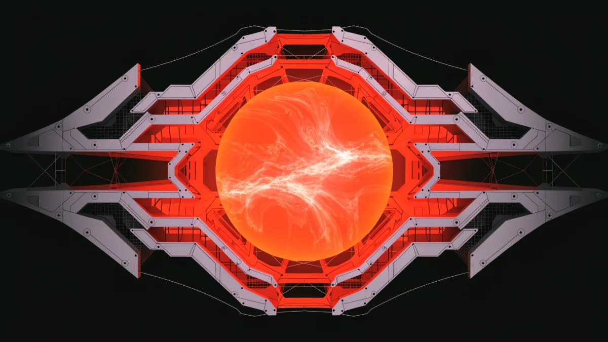 The Harness — mechanical framework around a glowing core